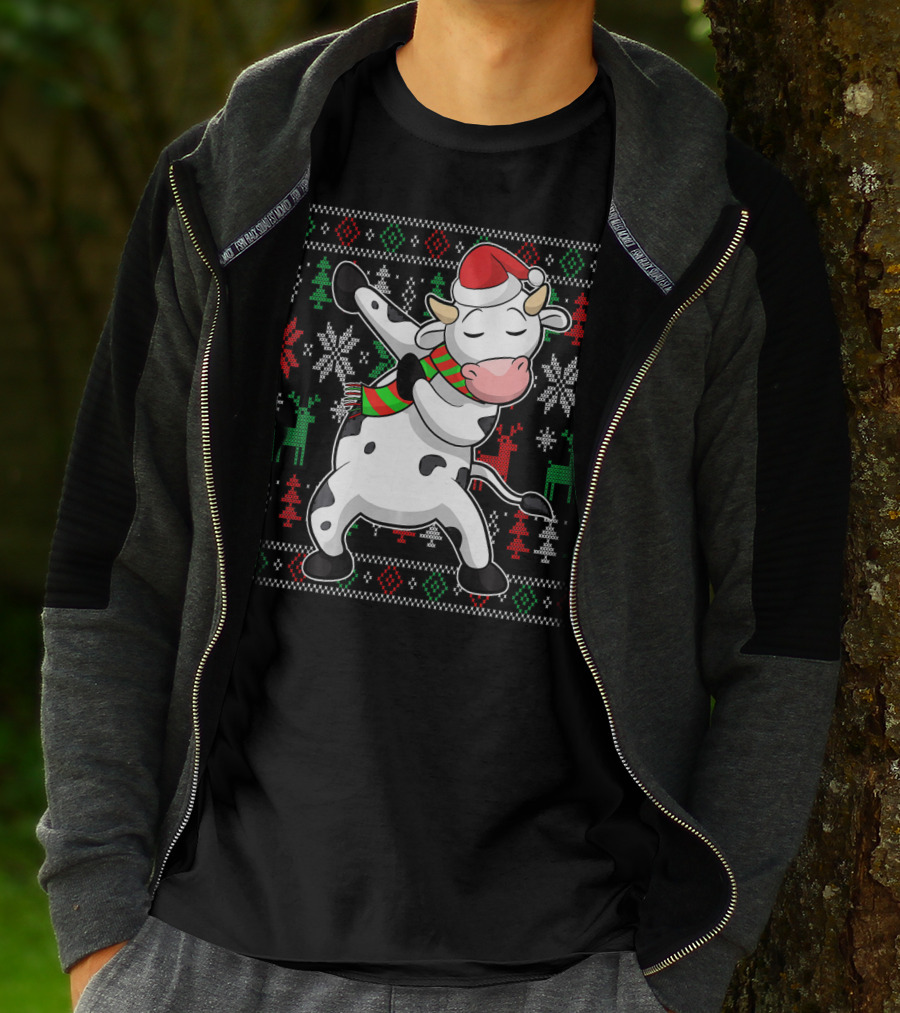 Ugly Christmas Dabbing Santa Cow With Festive Reindeer And Snowflakes T-Shirt