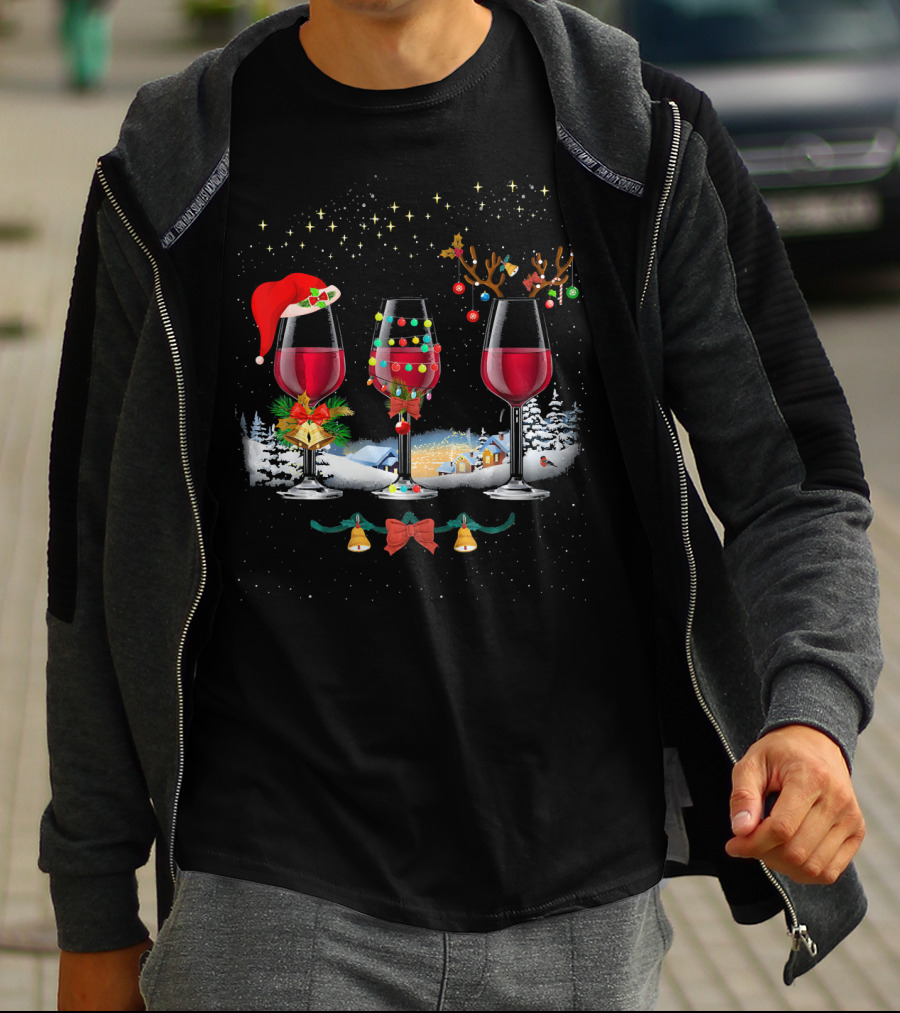 Three Christmas Red Wine Glasses Santa Hat Reindeer Lights Snowy Village T-Shirt