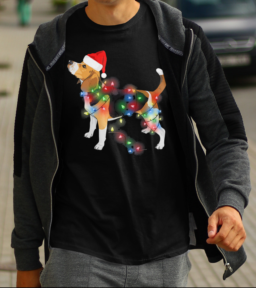 Beagle With Christmas Lights And Santa Hat T-Shirt