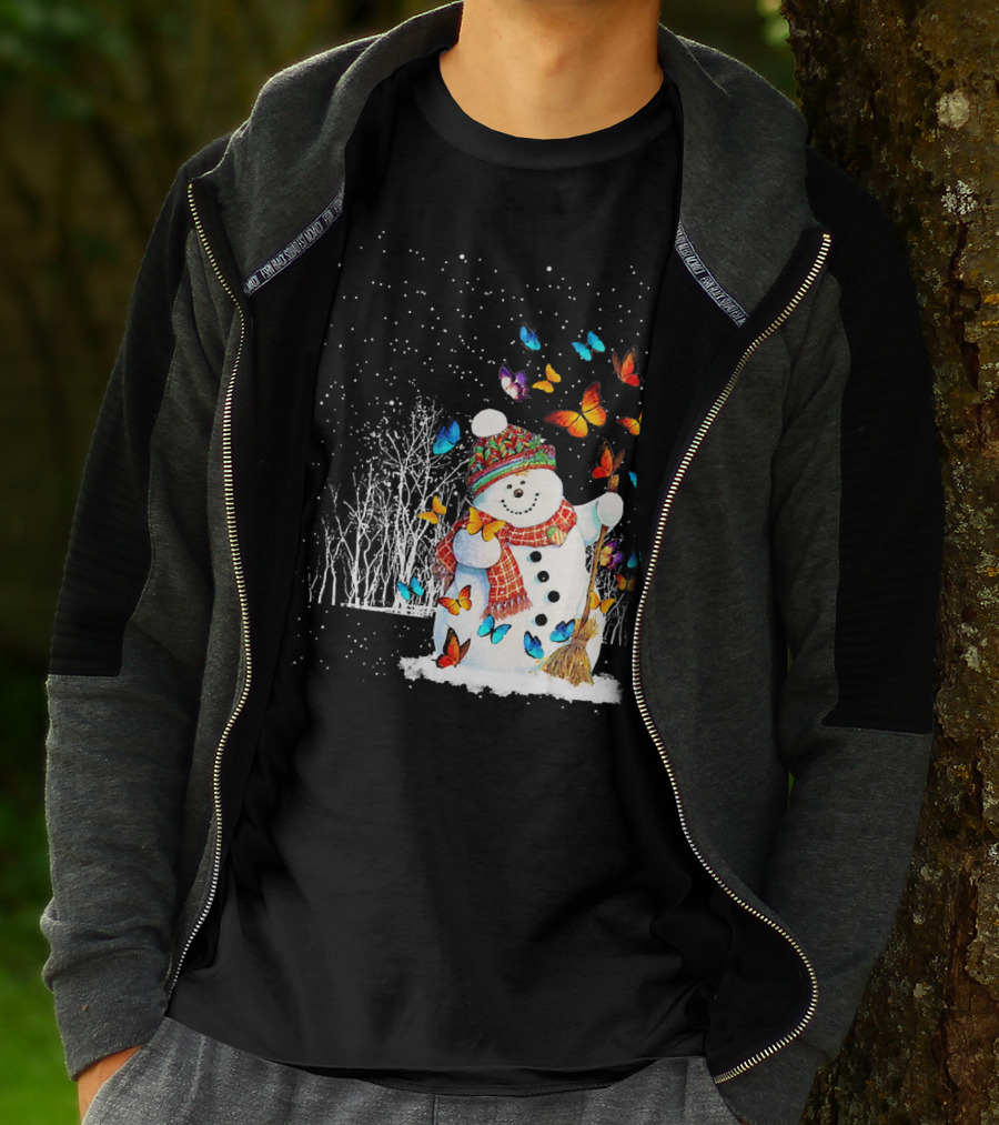 Snowman With Butterflies In A Snowy Forest T-Shirt