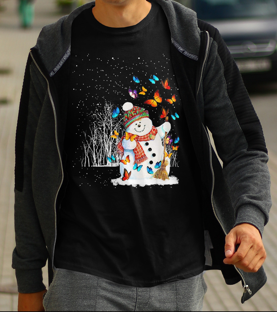 Snowman With Butterflies In A Snowy Forest T-Shirt