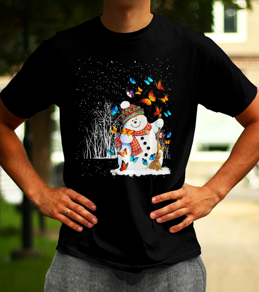 Snowman With Butterflies In A Snowy Forest T-Shirt