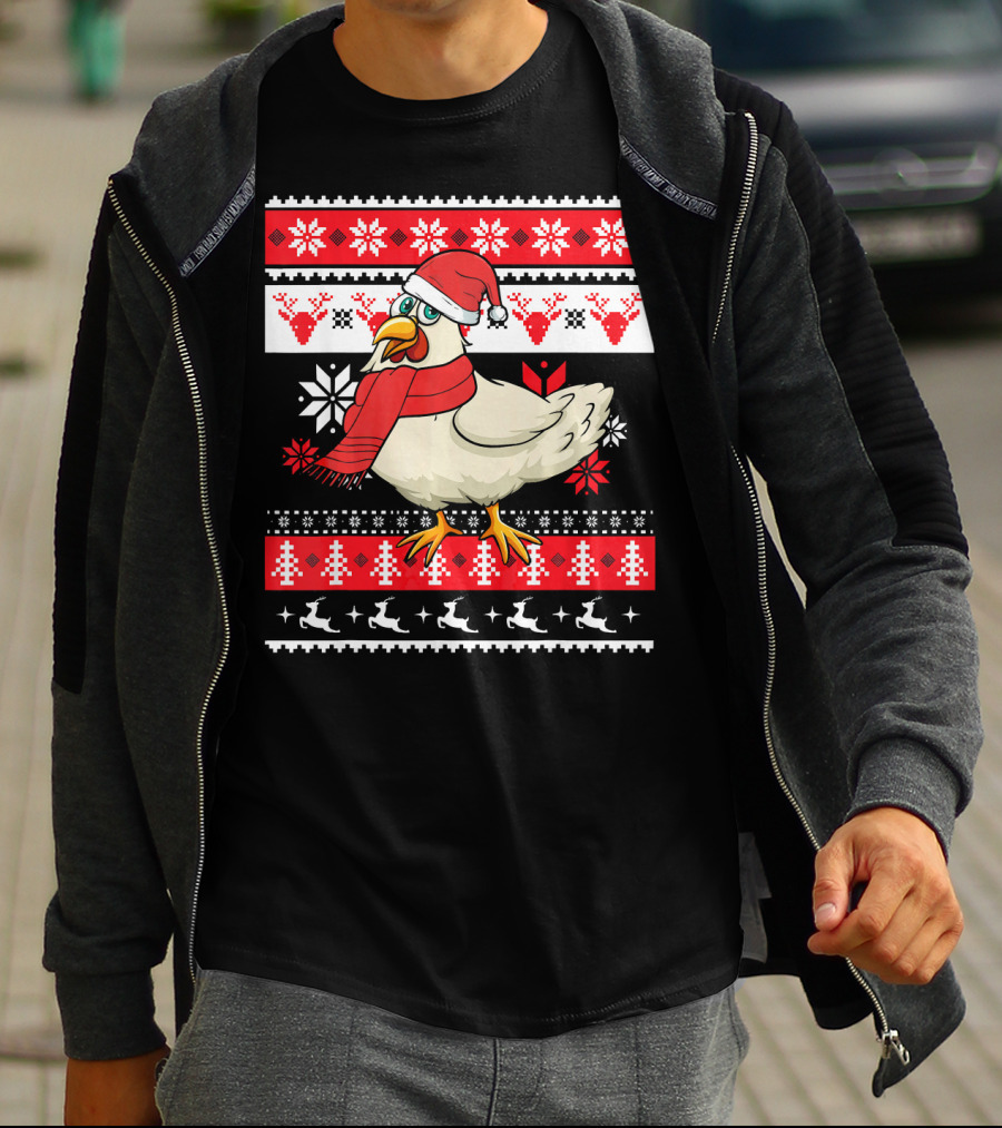 Ugly Christmas Chicken Santa Hat Snowflakes Reindeer Red Scarf T-Shirt