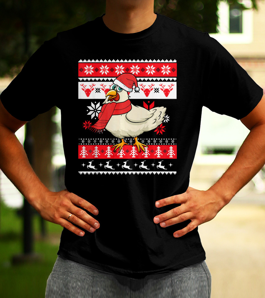 Ugly Christmas Chicken Santa Hat Snowflakes Reindeer Red Scarf T-Shirt