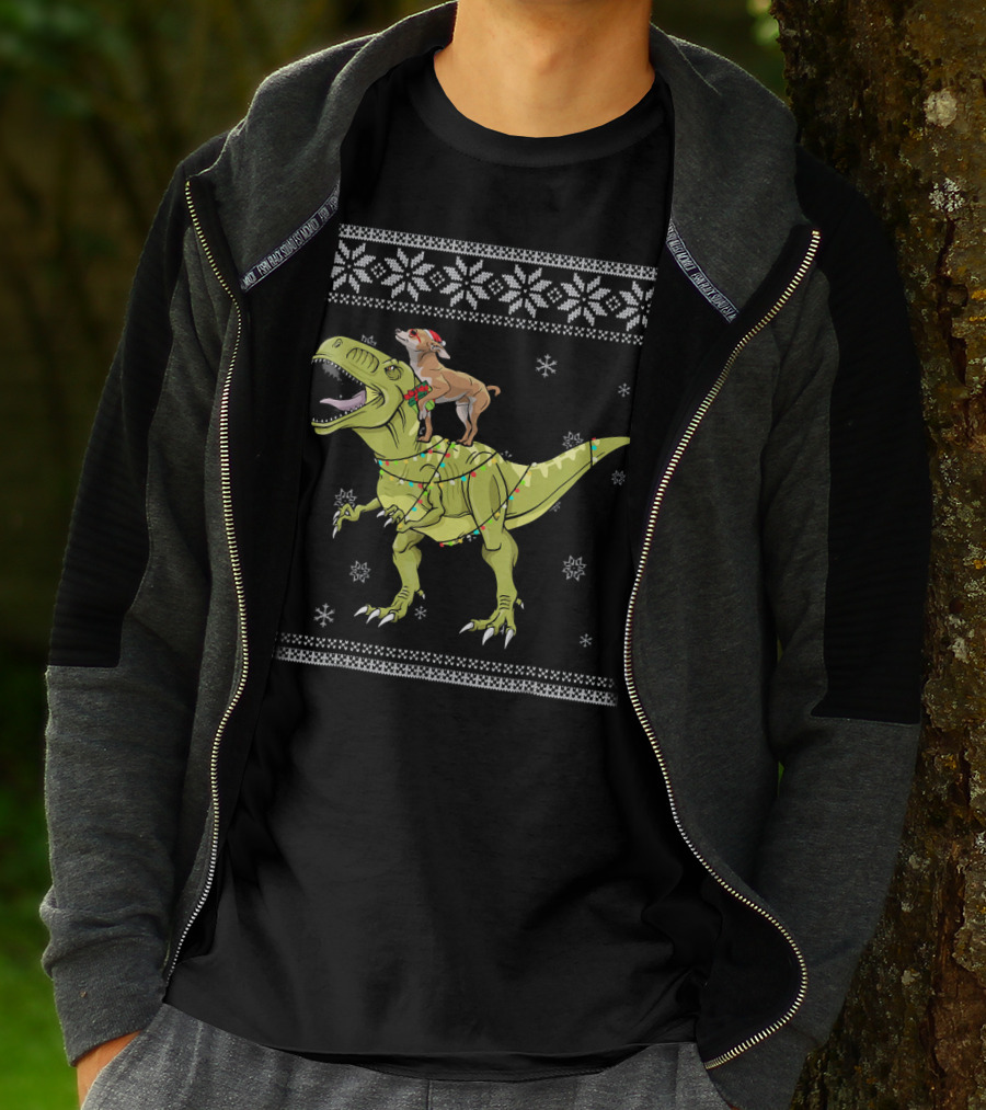 Chihuahua Riding Rex Dinosaur With Christmas Lights And Snowflakes T-Shirt