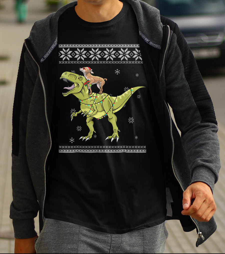 Chihuahua Riding Rex Dinosaur With Christmas Lights And Snowflakes T-Shirt