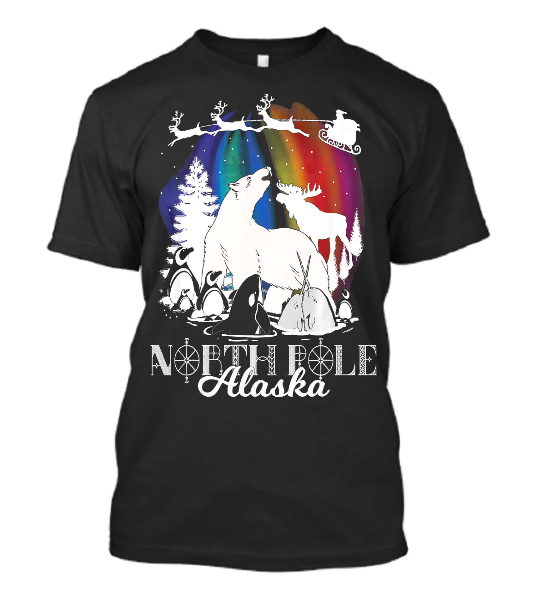North Pole Alaska Aurora Borealis Polar Bears Reindeer Penguins Santa Sleigh T-Shirt