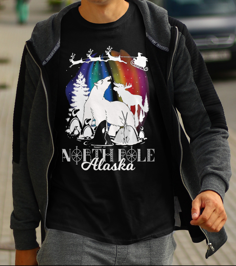 North Pole Alaska Aurora Borealis Polar Bears Reindeer Penguins Santa Sleigh T-Shirt
