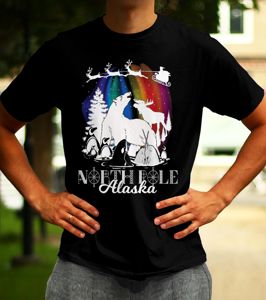 North Pole Alaska Aurora Borealis Polar Bears Reindeer Penguins Santa Sleigh T-Shirt