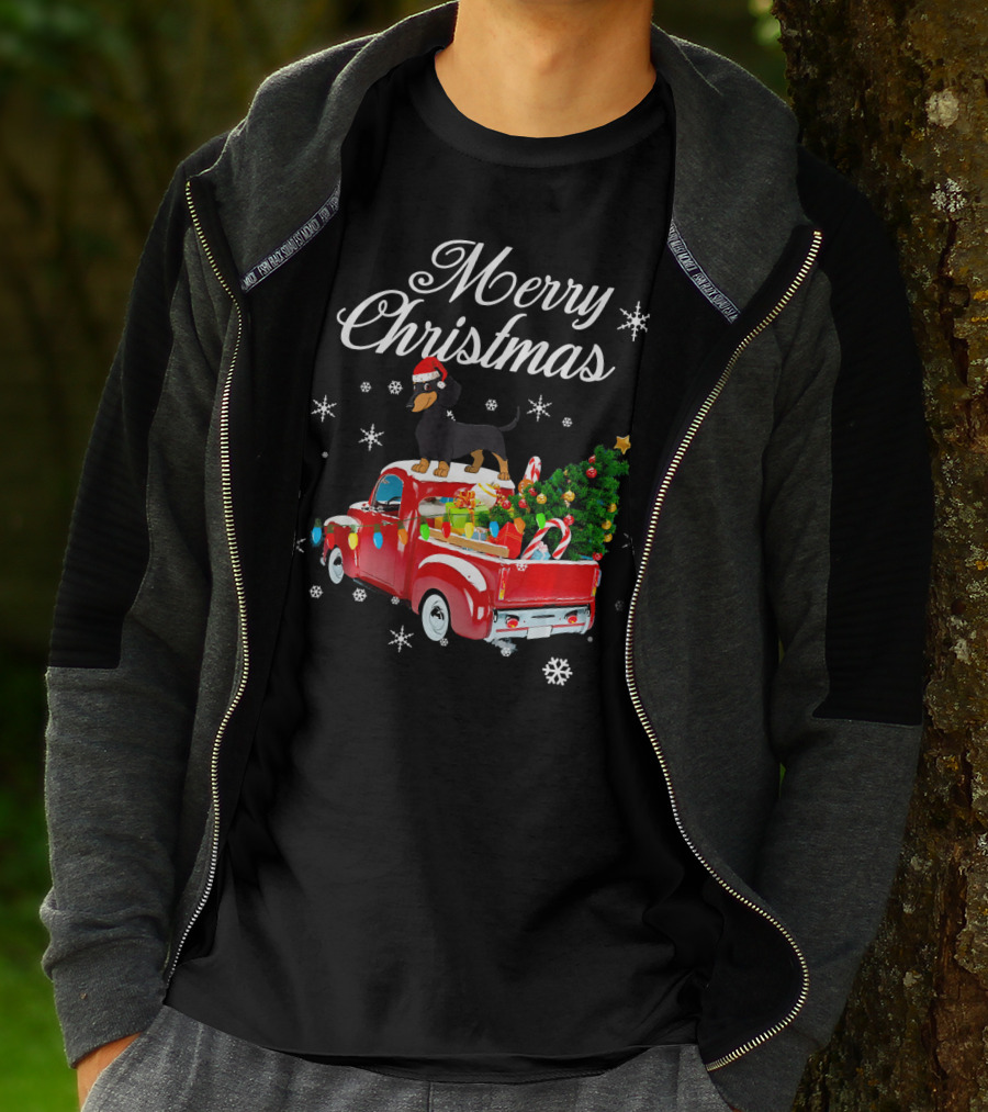 Merry Christmas Dachshund On Red Truck With Gifts And Tree T-Shirt