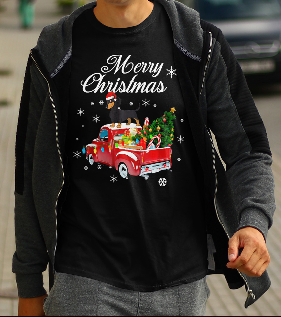 Merry Christmas Dachshund On Red Truck With Gifts And Tree T-Shirt