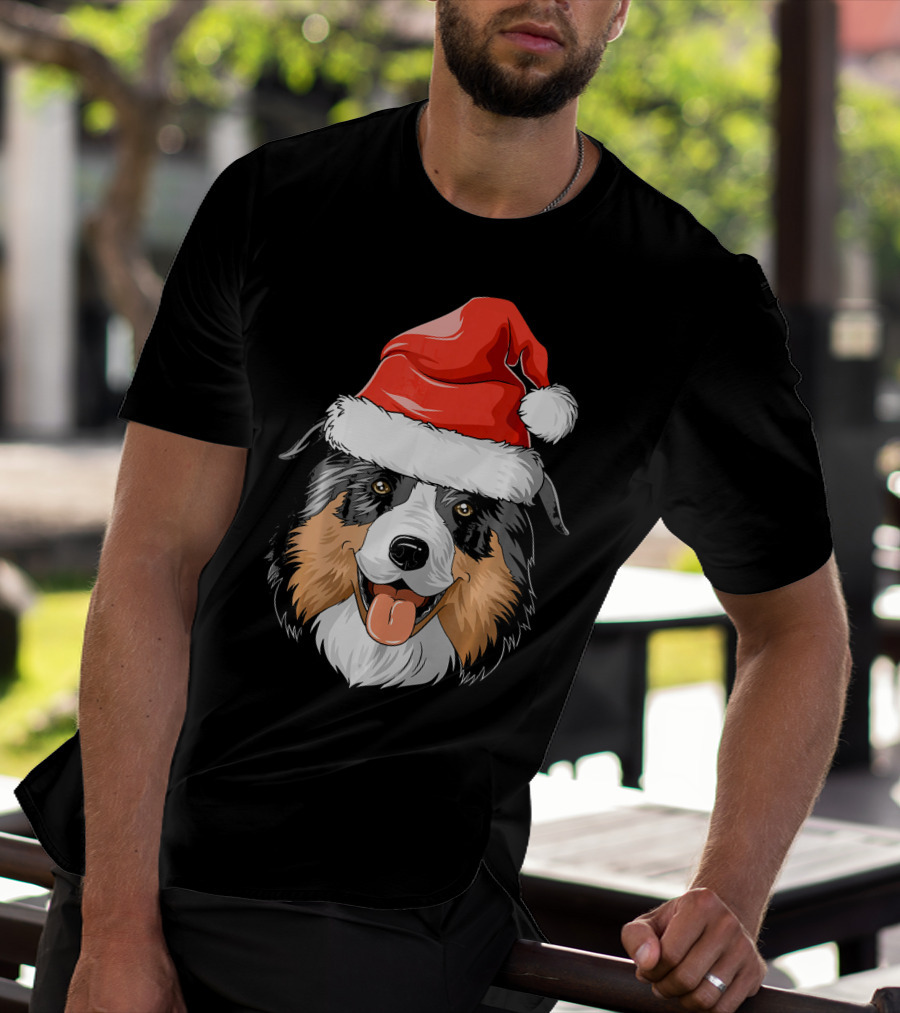 Australian Shepherd Dog Wearing Festive Santa Hat T-Shirt