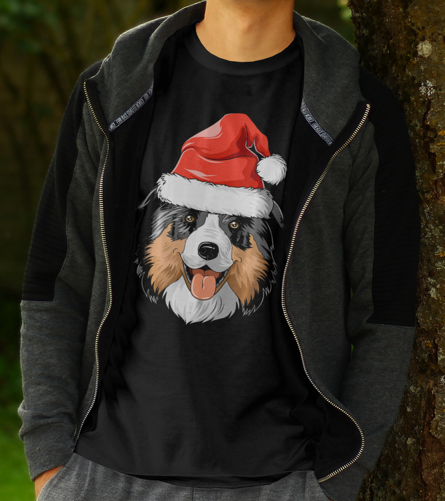 Australian Shepherd Dog Wearing Festive Santa Hat T-Shirt