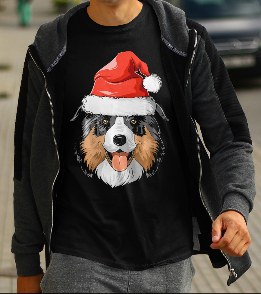 Australian Shepherd Dog Wearing Festive Santa Hat T-Shirt