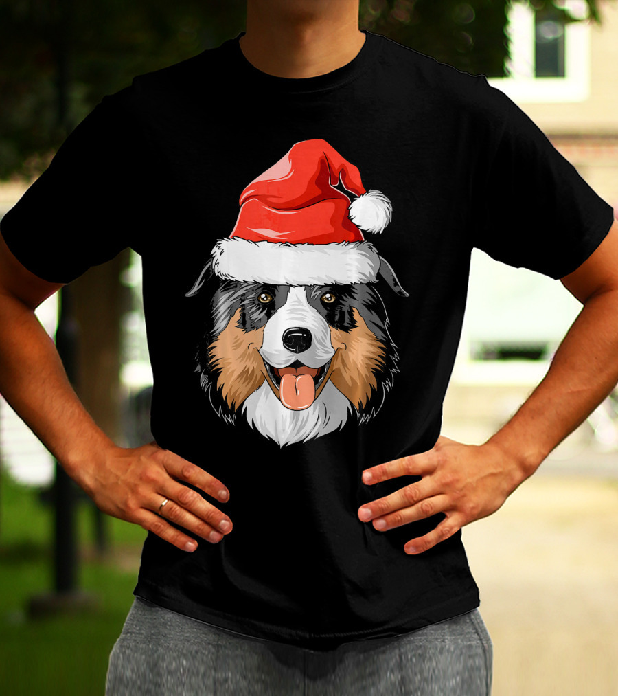 Australian Shepherd Dog Wearing Festive Santa Hat T-Shirt
