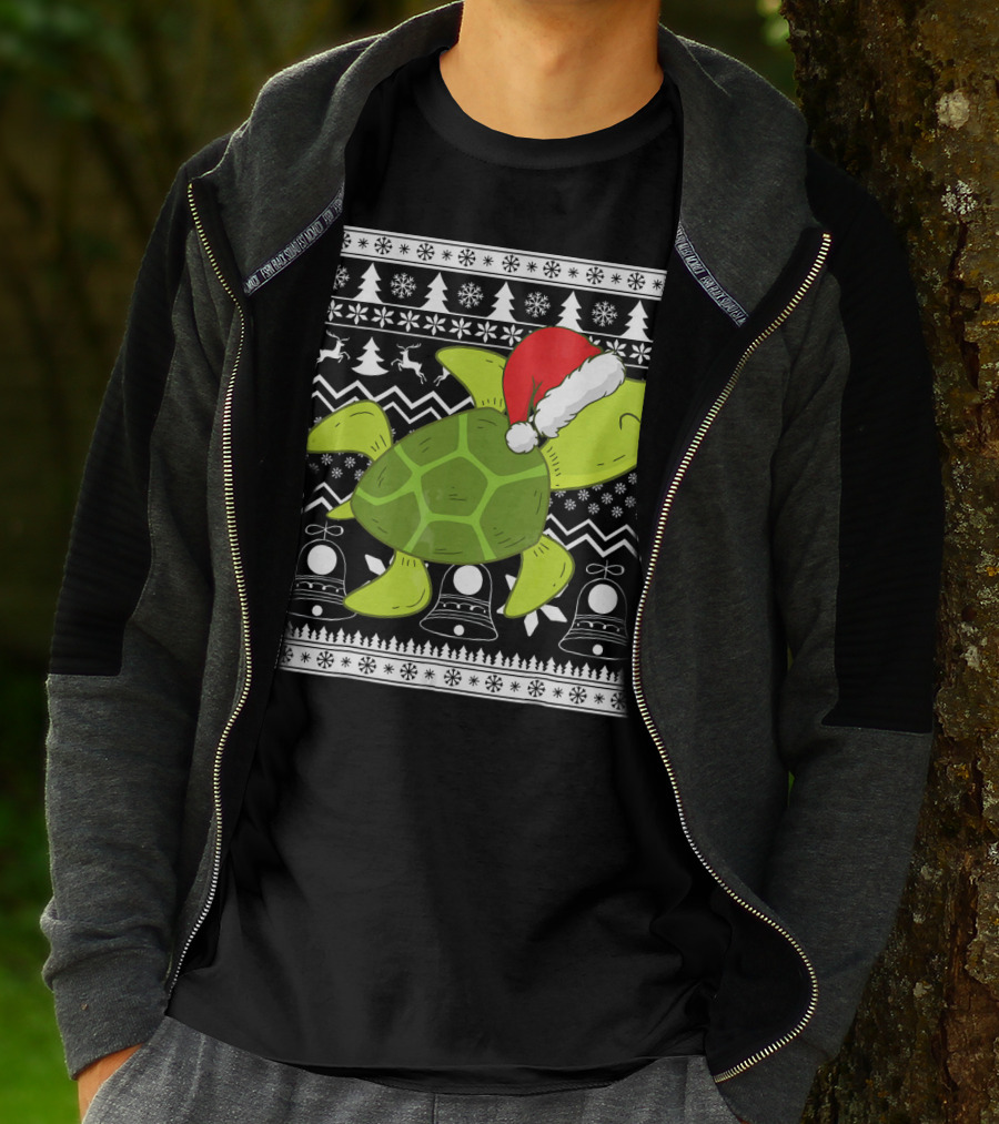 Sea Turtle Santa Holiday Sweater Design With Christmas Bells, Reindeer, Trees, And Snowflakes T-Shirt