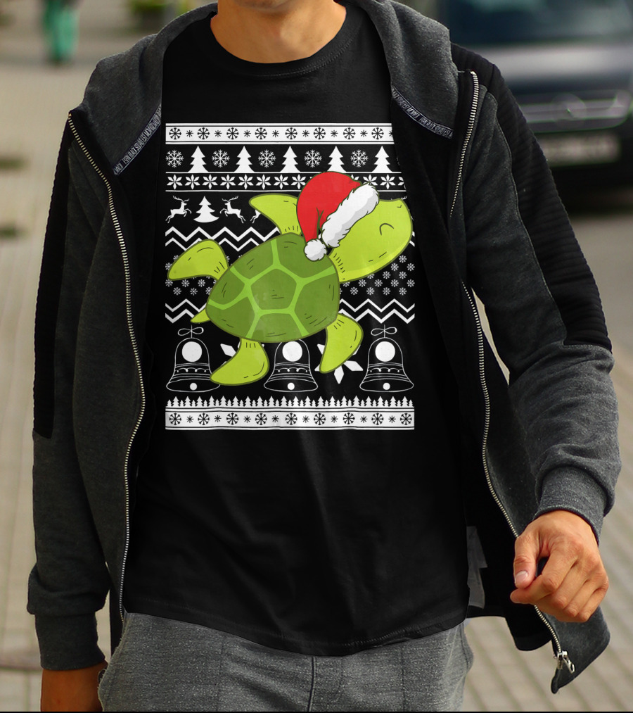 Sea Turtle Santa Holiday Sweater Design With Christmas Bells, Reindeer, Trees, And Snowflakes T-Shirt