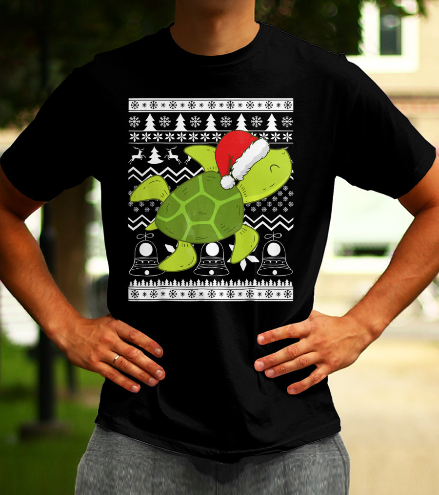 Sea Turtle Santa Holiday Sweater Design With Christmas Bells, Reindeer, Trees, And Snowflakes T-Shirt
