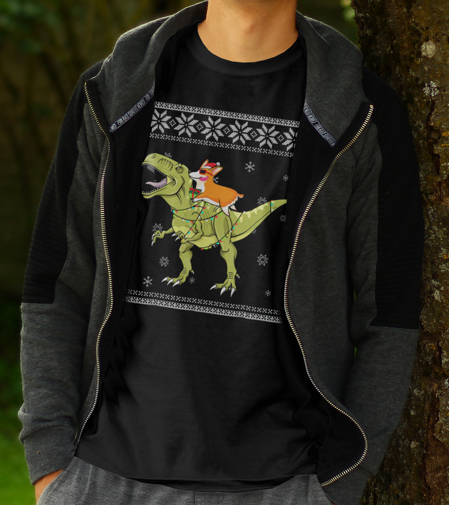Corgi Riding T-Rex Dinosaur Christmas Lights Snowflakes Ugly T-Shirt