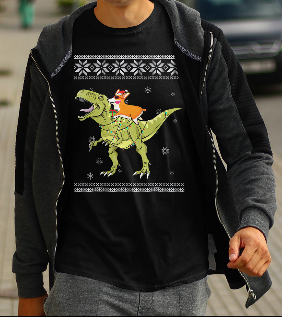 Corgi Riding T-Rex Dinosaur Christmas Lights Snowflakes Ugly T-Shirt