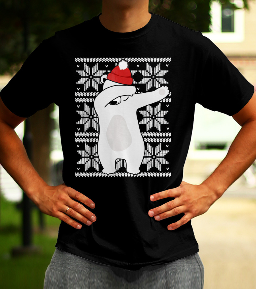 UGLY CHRISTMAS Dabbing Polar Bear In Santa Hat With Snowflake T-Shirt