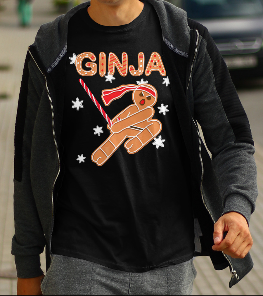 Gingerbread Ginja Funny Christmas Ninja Candy Cane Snowflakes T-Shirt