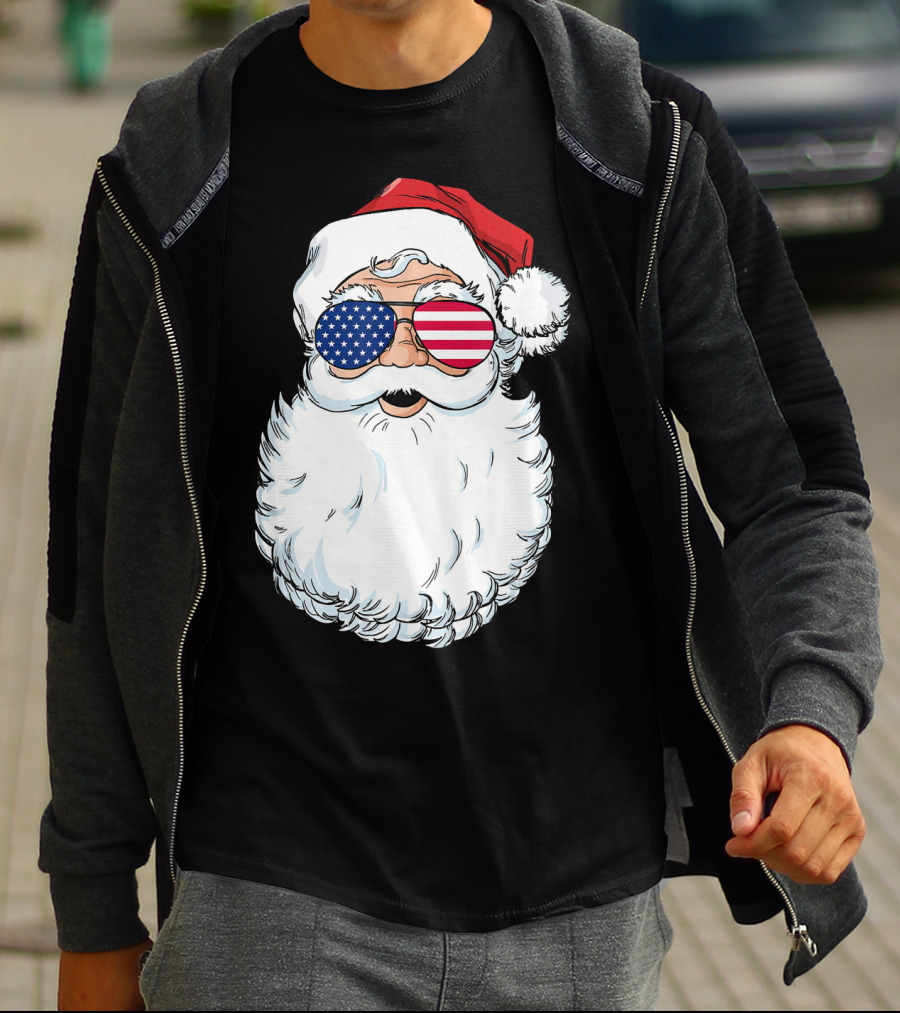 Santa Claus Patriotic USA Sunglasses Christmas T-Shirt
