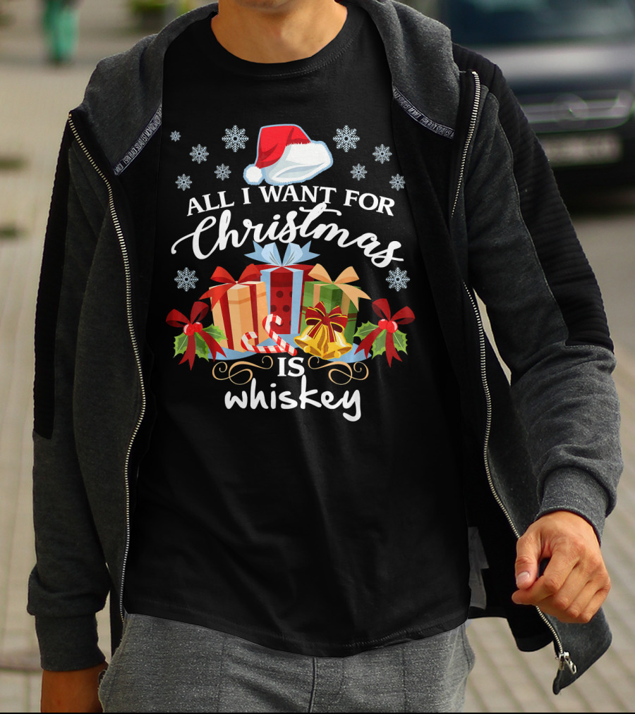 All I Want For Christmas Is Whiskey Present Festive Snowflakes T-Shirt