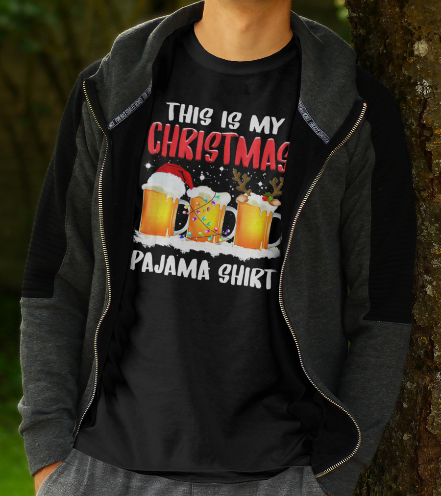 This Is My Christmas Pajama Shirt Santa Hat Reindeer Antlers Beer Mugs T-Shirt
