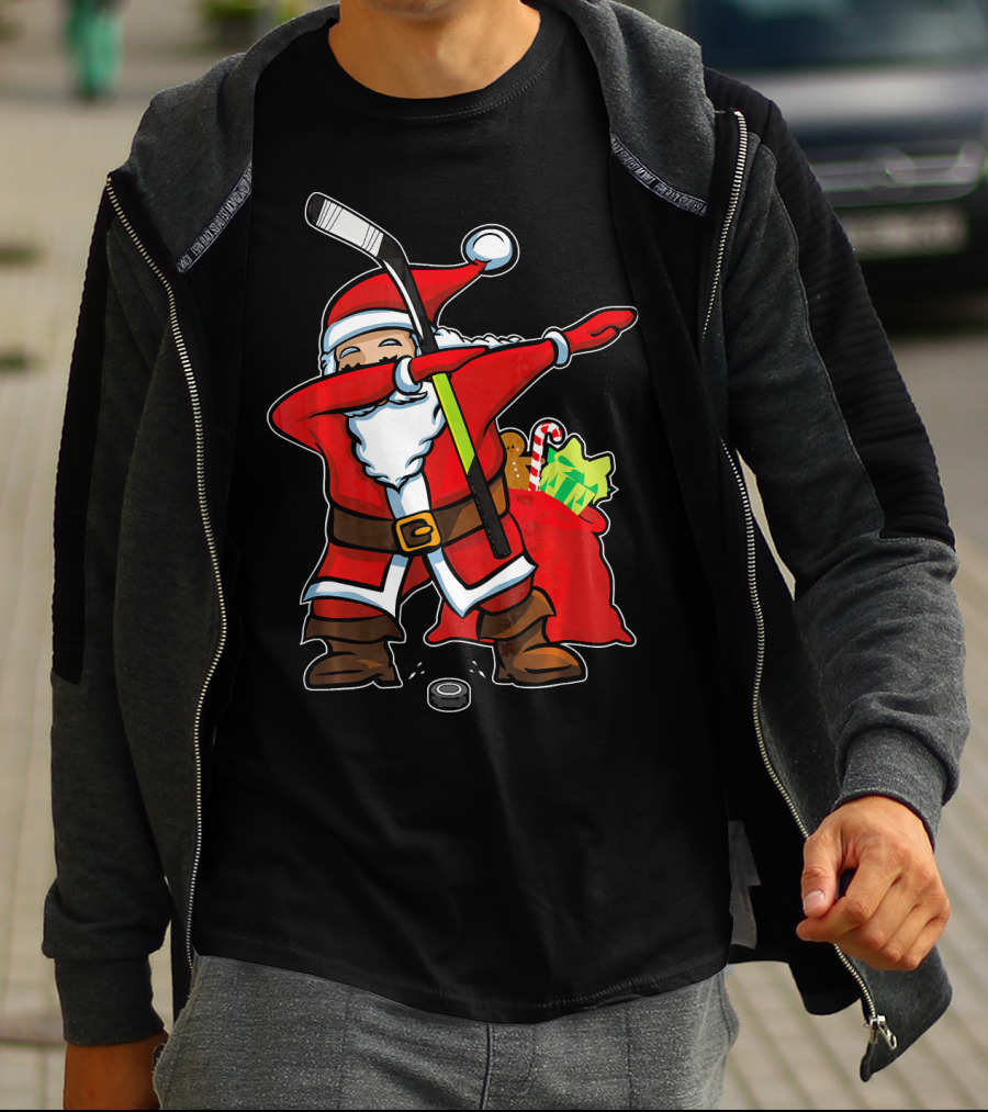 Santa Dabbing With Hockey Stick Christmas Hip Hop With Gifts And Hockey Puck T-Shirt