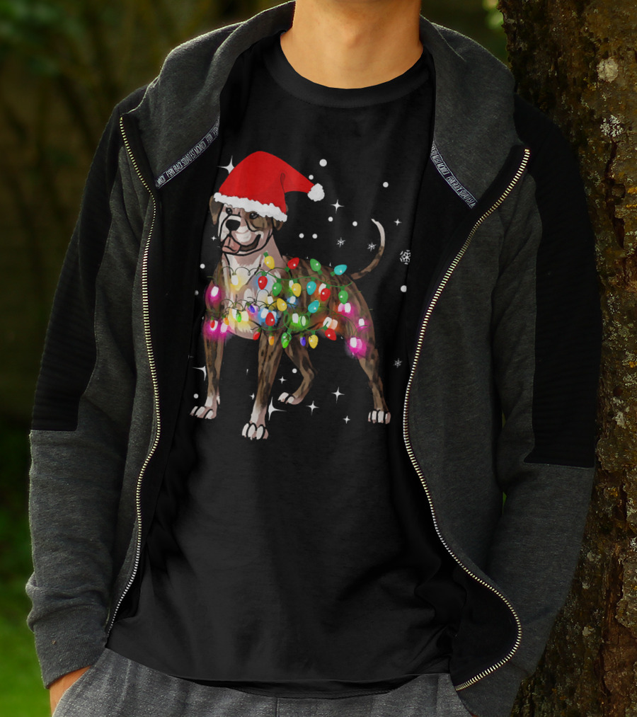 Christmas Lights American Bulldog Santa Hat Snowflakes T-Shirt