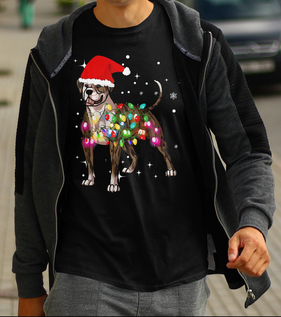 Christmas Lights American Bulldog Santa Hat Snowflakes T-Shirt