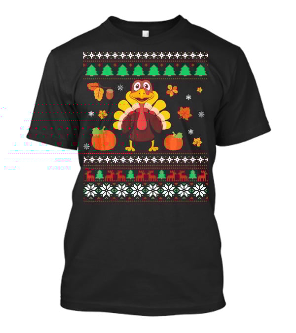 Thanksgiving Turkey Ugly Christmas Sweater Design With Pumpkins And Autumn Leaves T-Shirt
