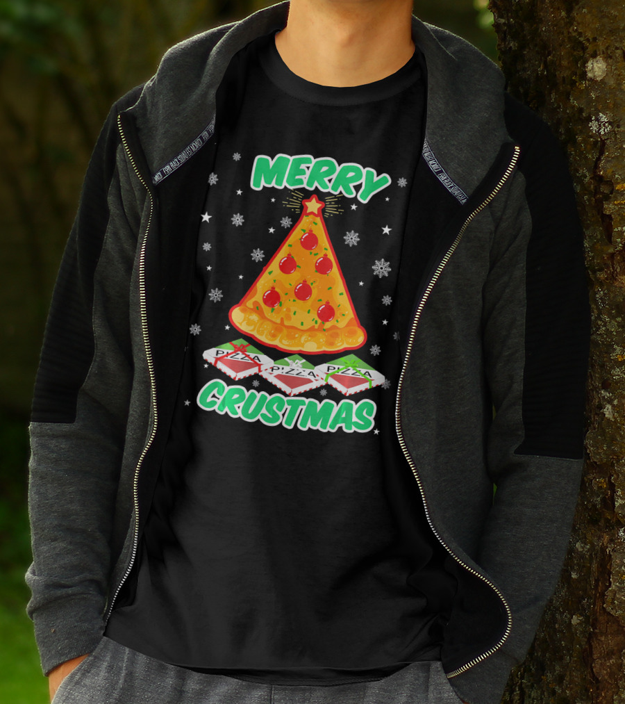 MERRY CRUSTMAS Funny Pizza Christmas Tree With Snowflakes And Pizza Boxes T-Shirt