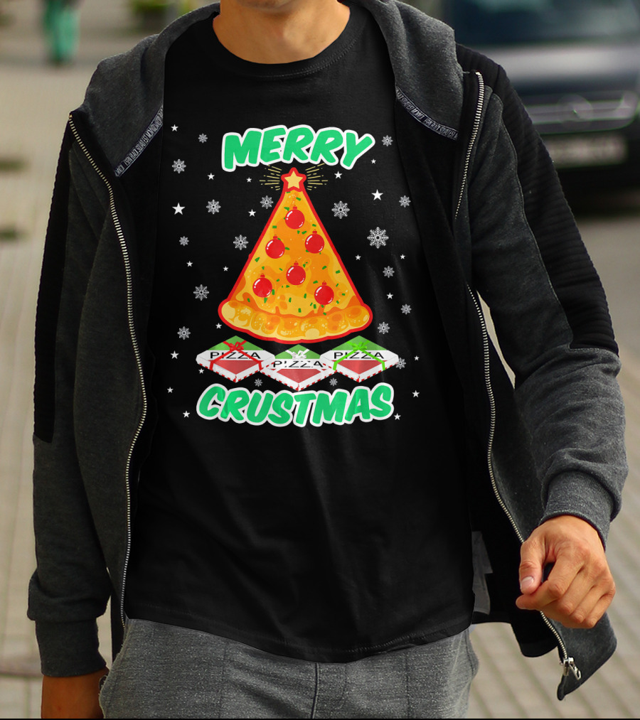 MERRY CRUSTMAS Funny Pizza Christmas Tree With Snowflakes And Pizza Boxes T-Shirt