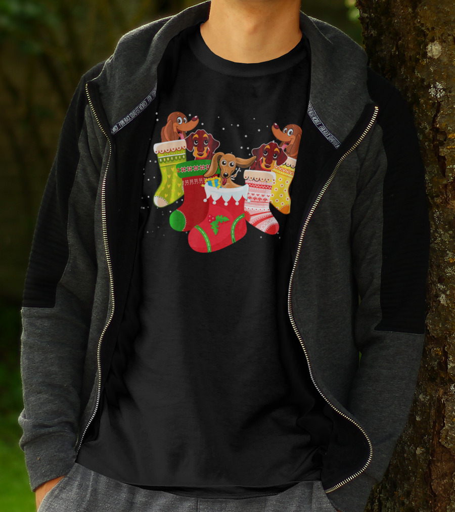 Playful Dachshunds In Colorful Christmas Socks Festive Humor T-Shirt