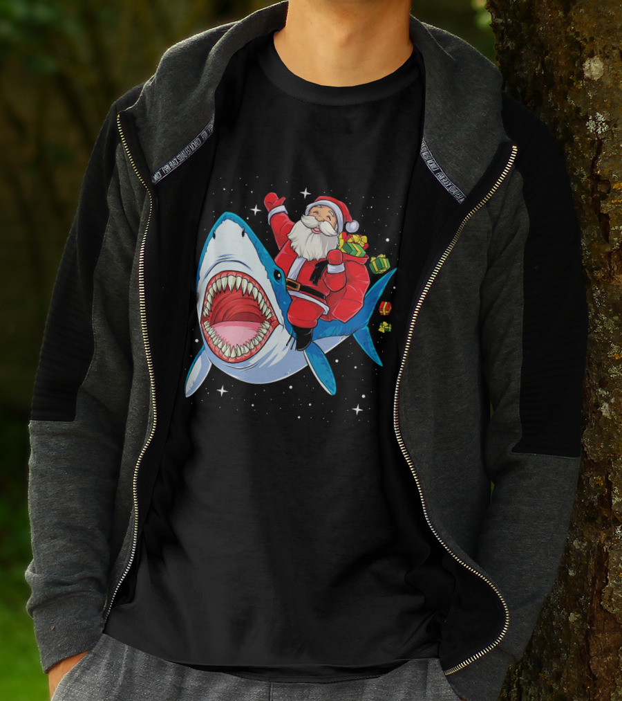 Santa Claus Riding A Shark With Gifts T-Shirt