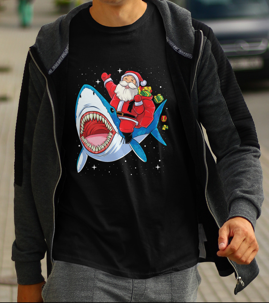 Santa Claus Riding A Shark With Gifts T-Shirt