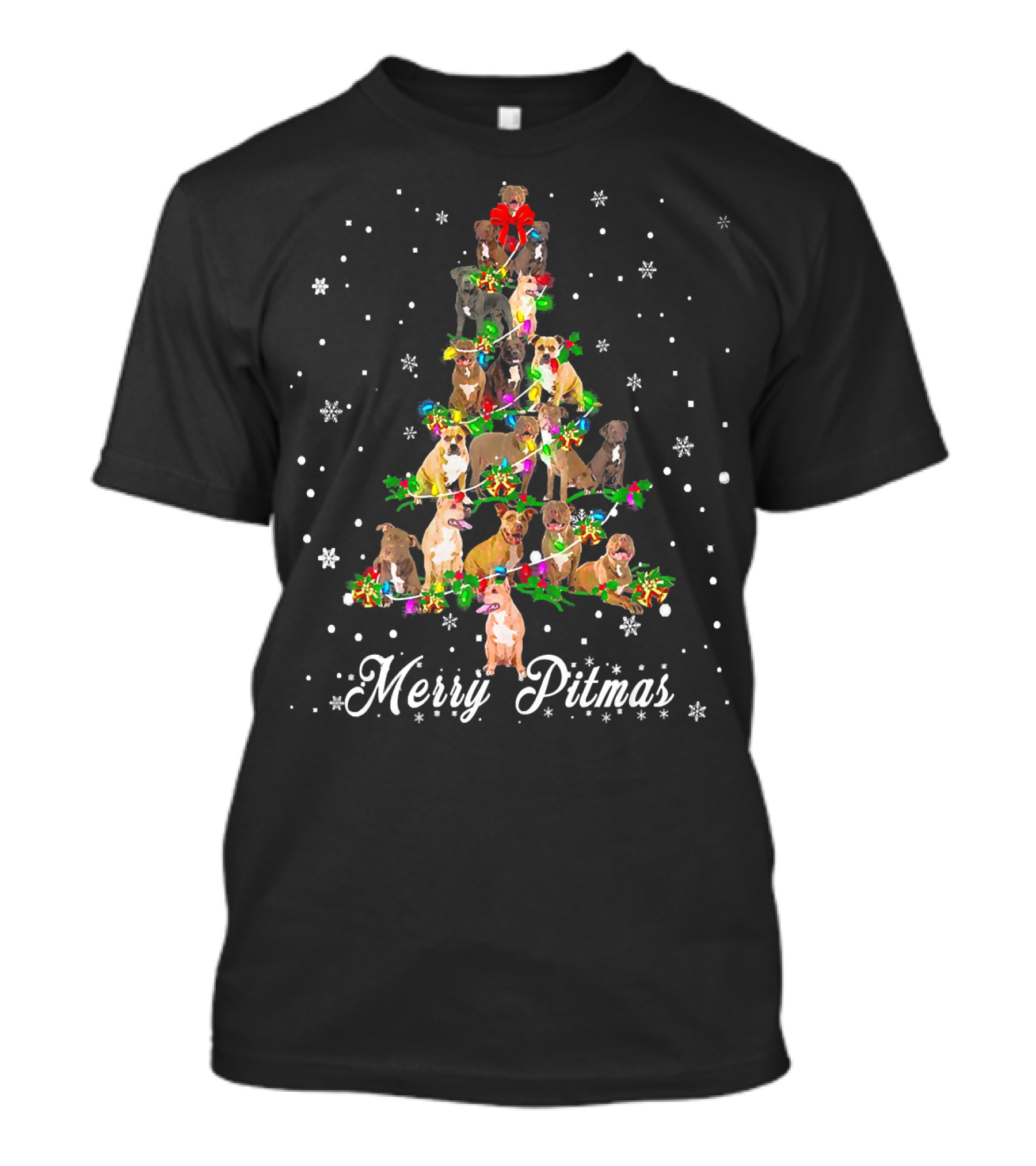 Merry Pitmas Pitbull Christmas Tree With Snowflakes And Holiday Decorations T-Shirt