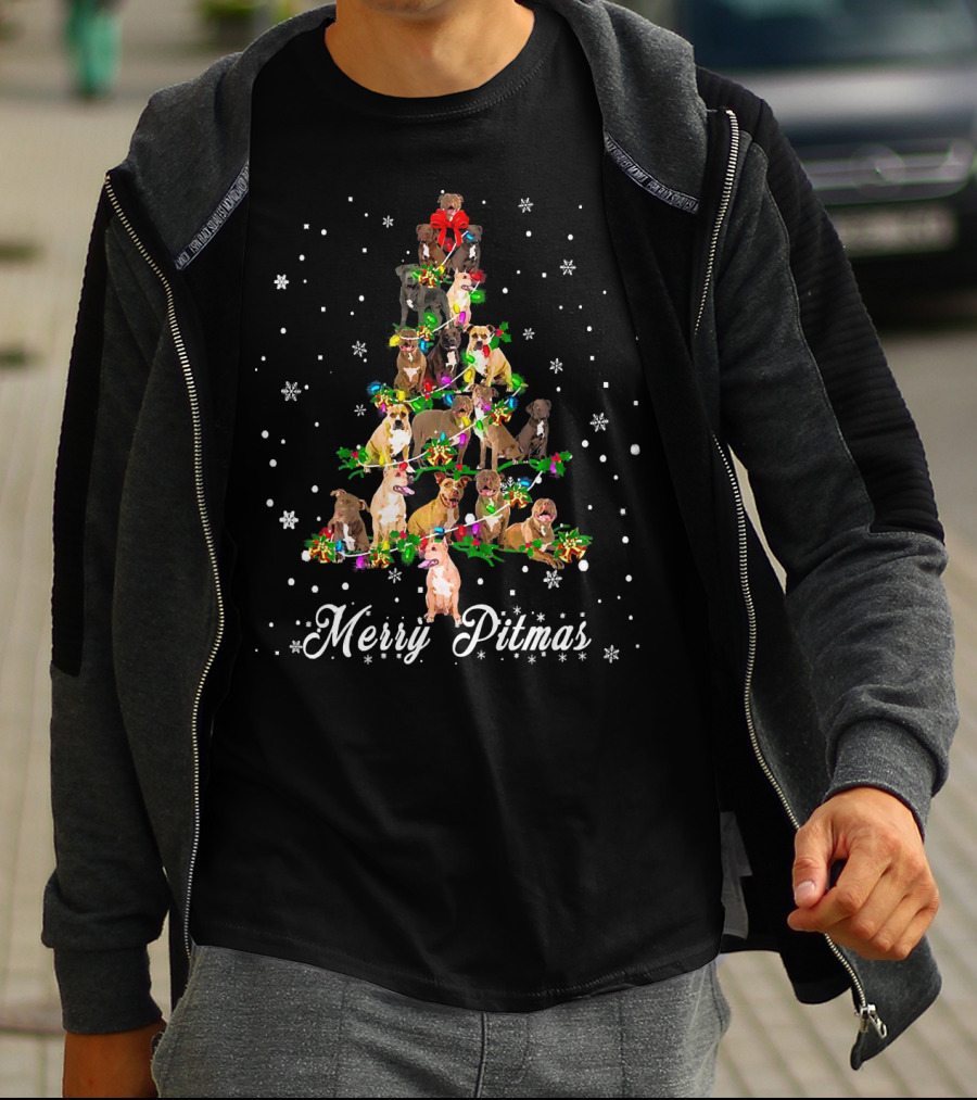 Merry Pitmas Pitbull Christmas Tree With Snowflakes And Holiday Decorations T-Shirt