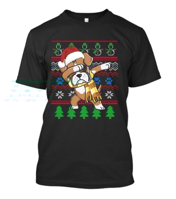 Xmas Boxer Dabbing Santa Hat UglyStyle Sweater Pattern Snowflakes Trees T-Shirt
