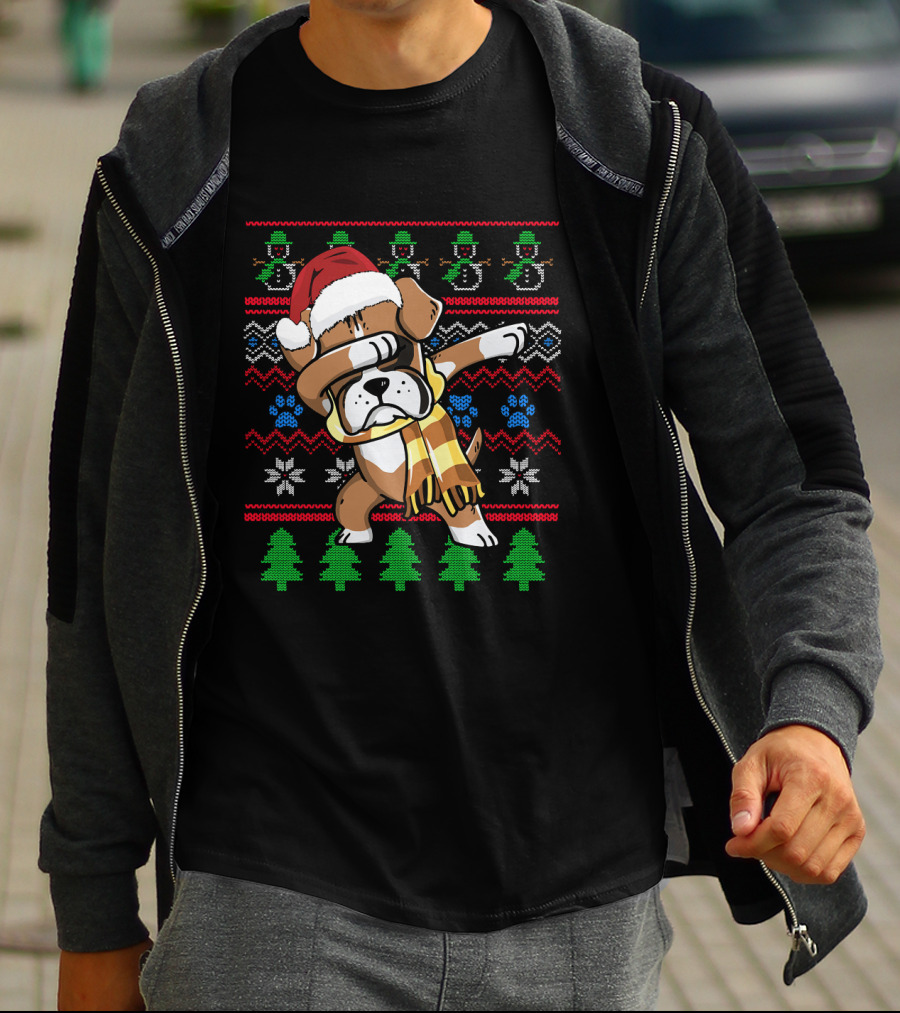 Xmas Boxer Dabbing Santa Hat UglyStyle Sweater Pattern Snowflakes Trees T-Shirt