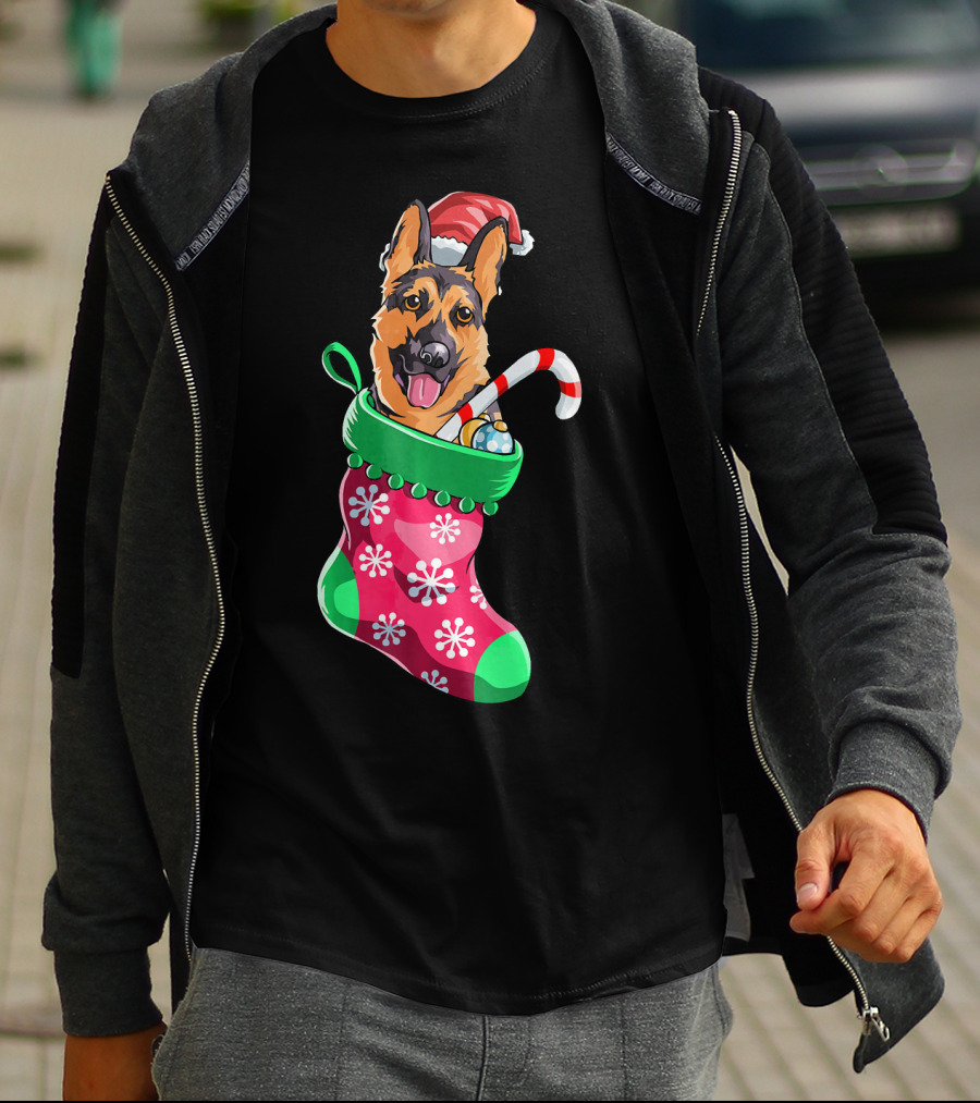 German Shepherd In Christmas Santa Hat Stocking With Candy Cane T-Shirt