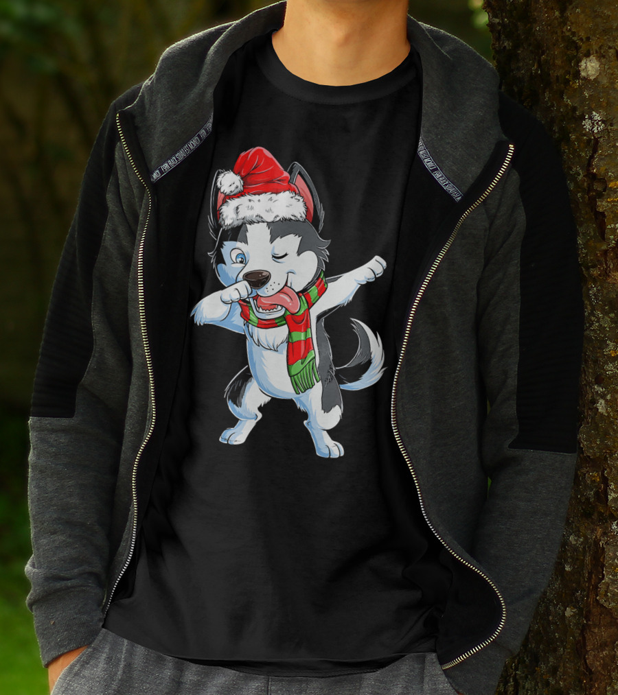 Dabbing Siberian Husky Santa Christmas Dog With Scarf T-Shirt