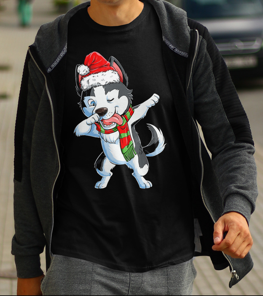 Dabbing Siberian Husky Santa Christmas Dog With Scarf T-Shirt