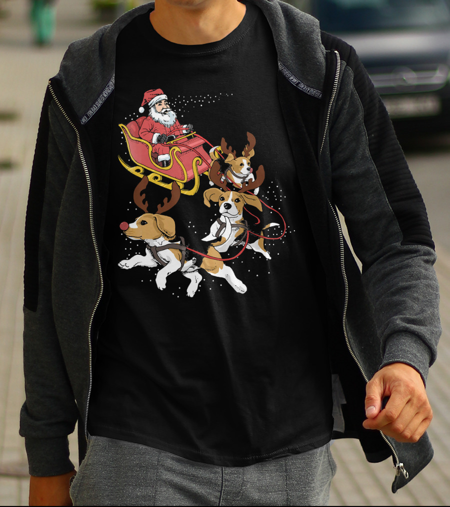 Santa's Sleigh With Beagle Reindeer Trio T-Shirt
