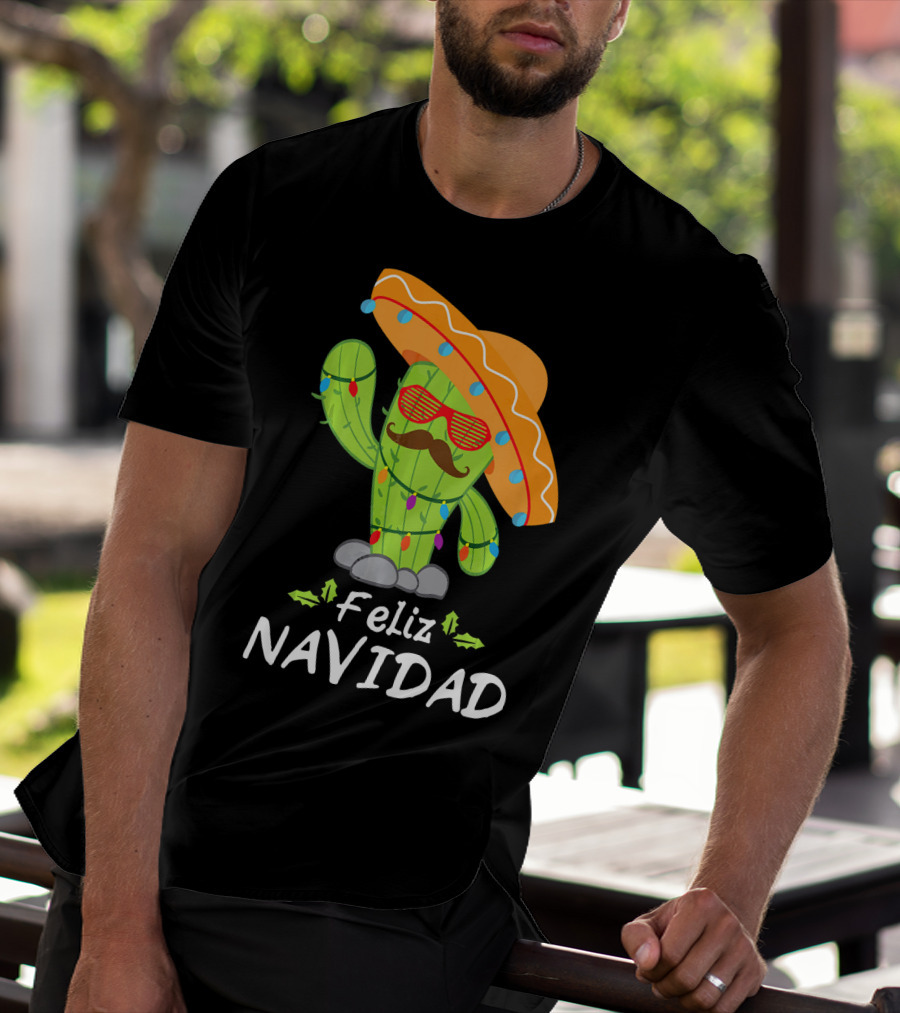 Feliz Navidad Cactus Mexican Tree Christmas Sombrero Lights T-Shirt