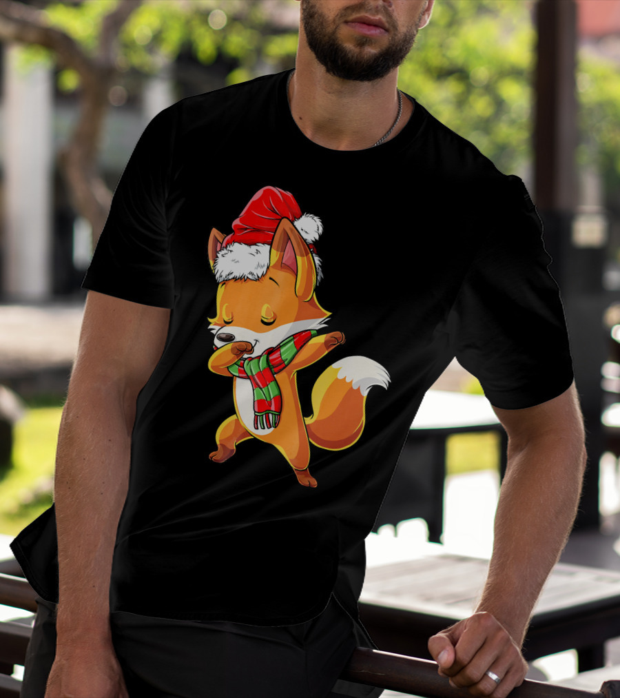 Christmas Dab Fox With Santa Hat And Scarf T-Shirt