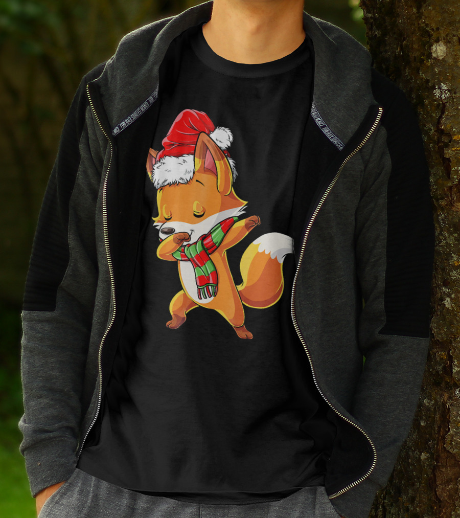 Christmas Dab Fox With Santa Hat And Scarf T-Shirt