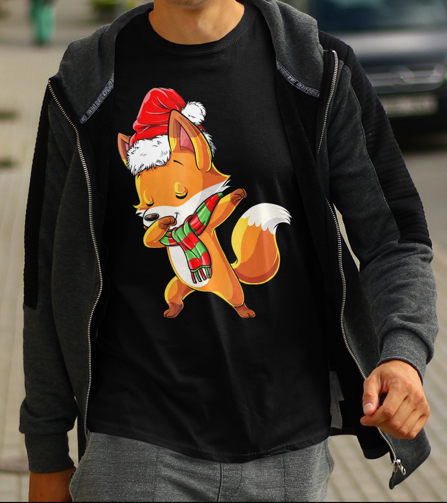 Christmas Dab Fox With Santa Hat And Scarf T-Shirt